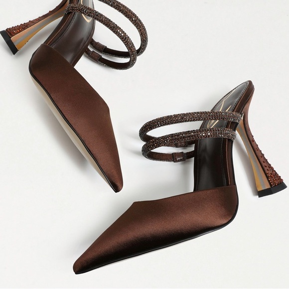 Sam Edelman Agustina Chocolate Satin Slip On Jeweled Mules 8.5 fits size 8 New - Picture 2 of 12